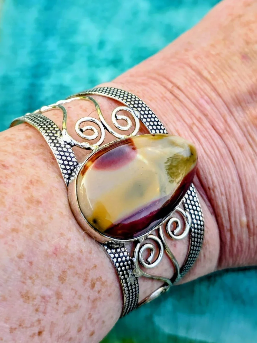 Mookaite Gemstone Cuff Bracelet In 925 Sterling Silver (Adjustable)